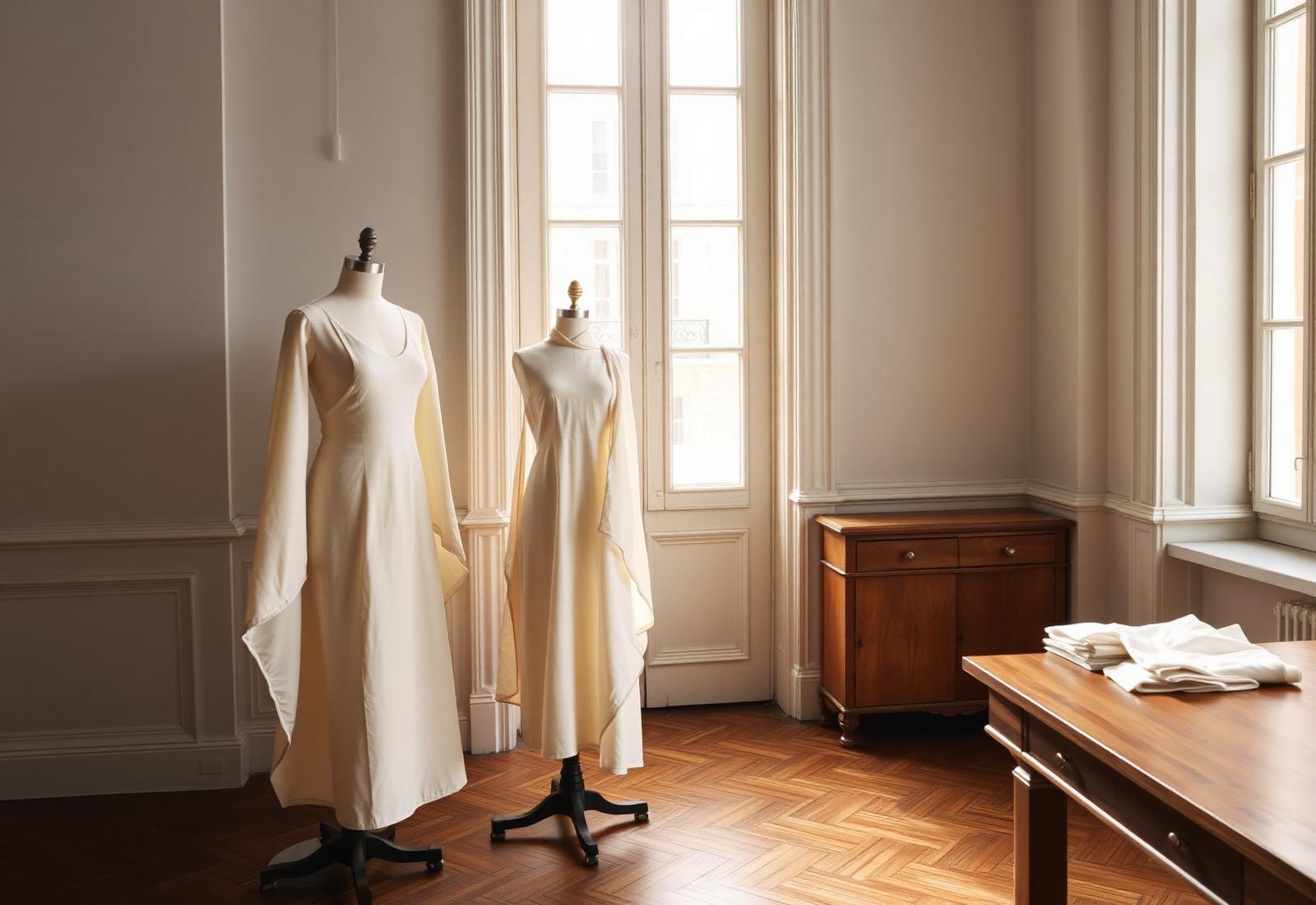 An atelier interior with muslin toiles on mannequins