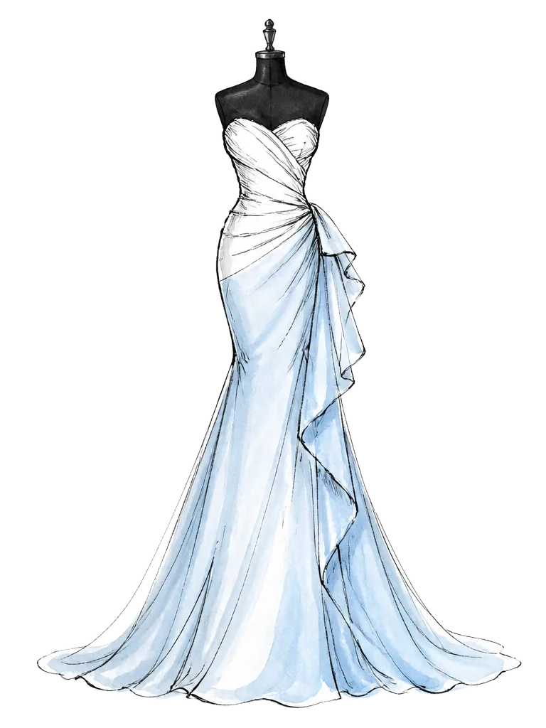 Hand-drawn illustration of a couture gown on a dress form