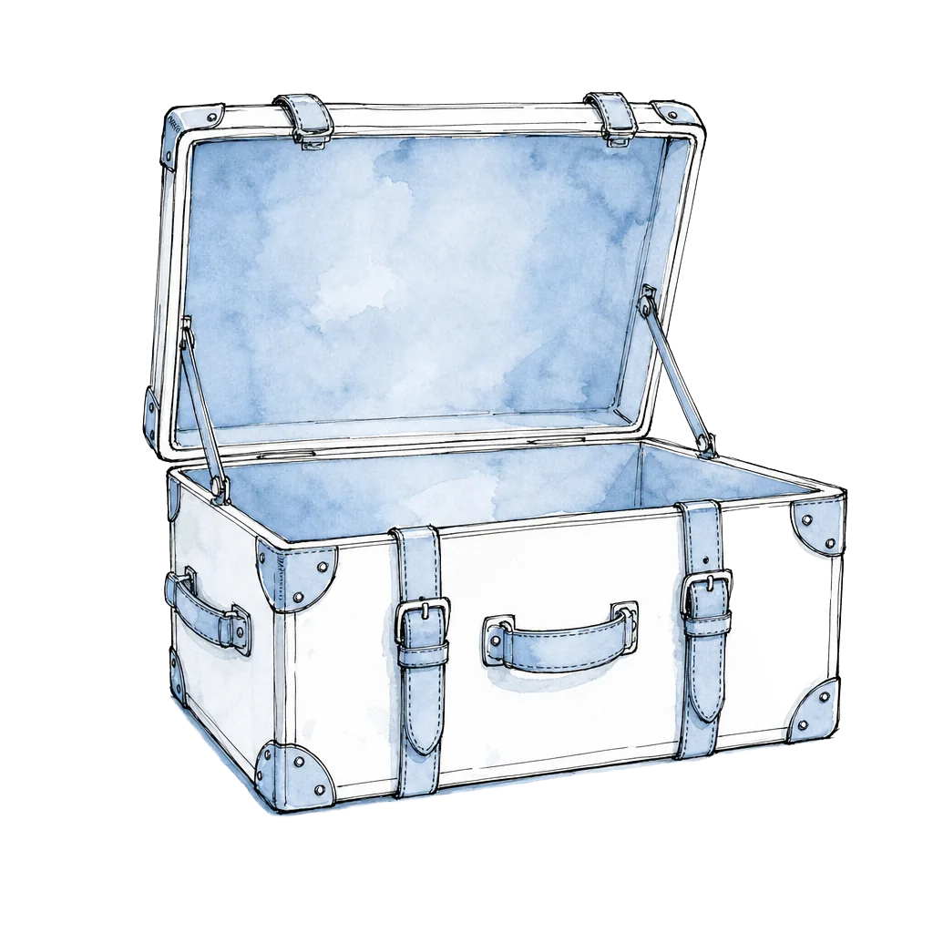 Hand-drawn illustration of an open travel trunk