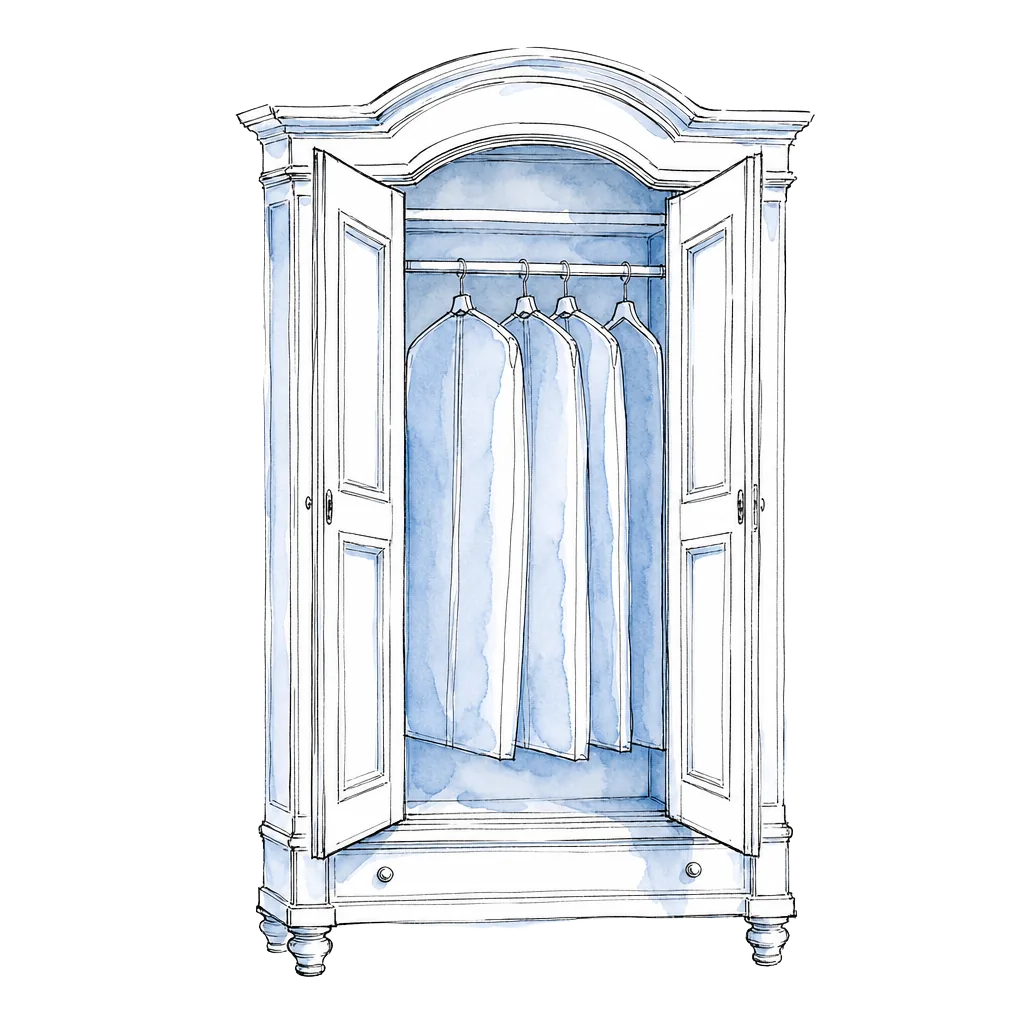 Illustration of an open armoire with hanging garments
